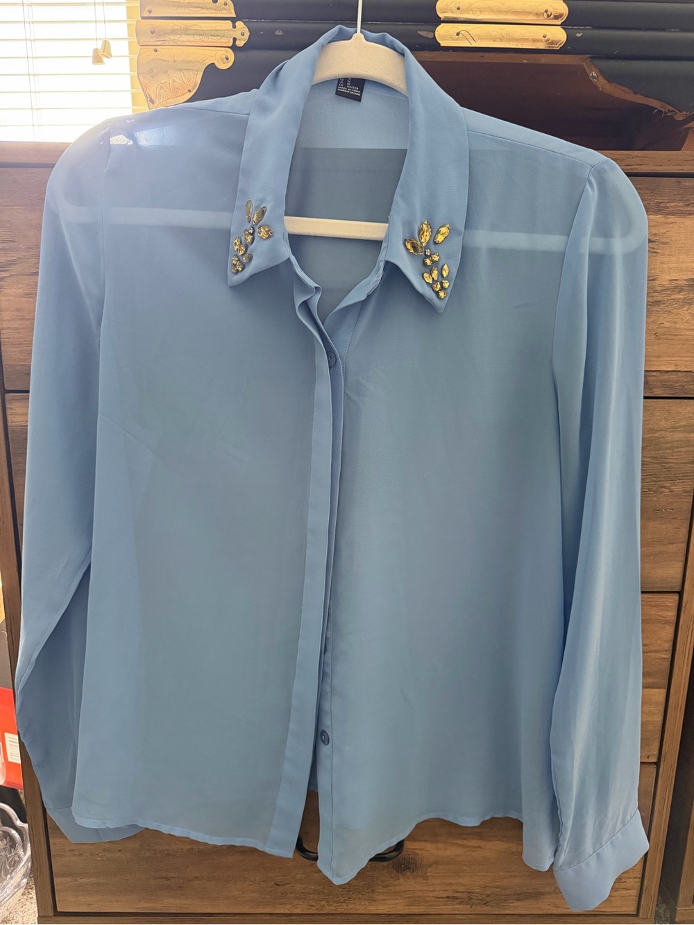 Forever 21 Light Blue Sheer Blouse with Gem Collar Accents